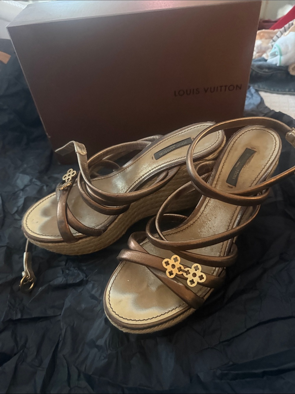 Louis Vuitton Bronze Metallic Strappy Wedge Sandals